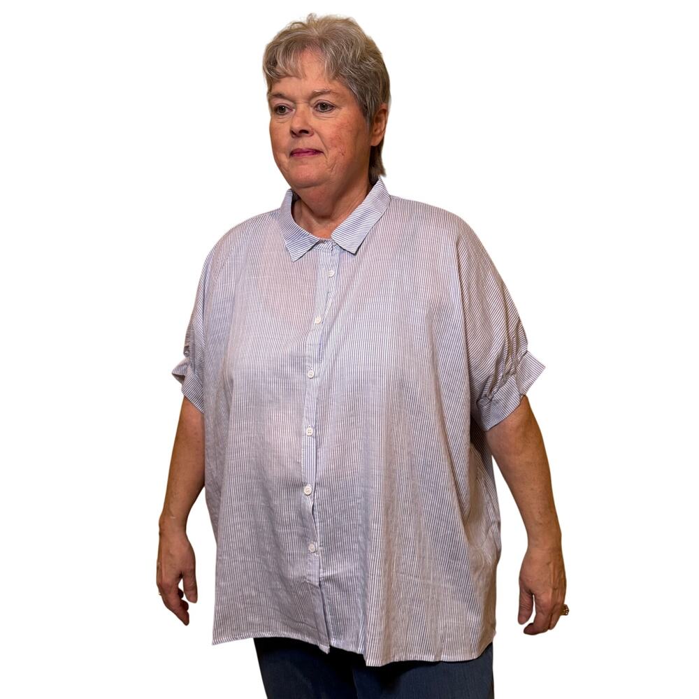 R39-2X NWT Umgee Striped Collared Button Down Oversized Top with Folded Sleeves